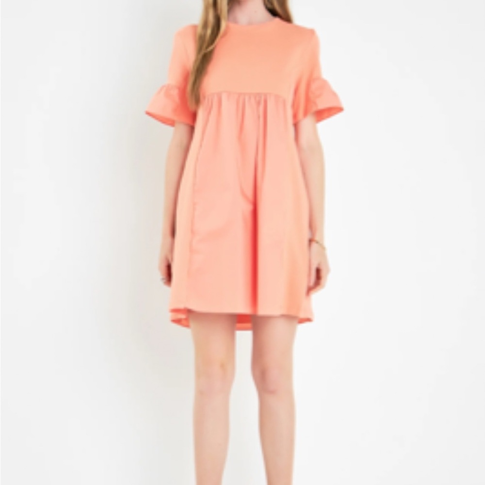 English Factory Mixed Media Ruffled Short-Sleeve Mini Dress in Coral